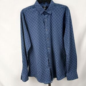 Alfani Mens Slim Fit Dress Shirt Medium Neo Navy Blue Chevron ZigZag Geo Print